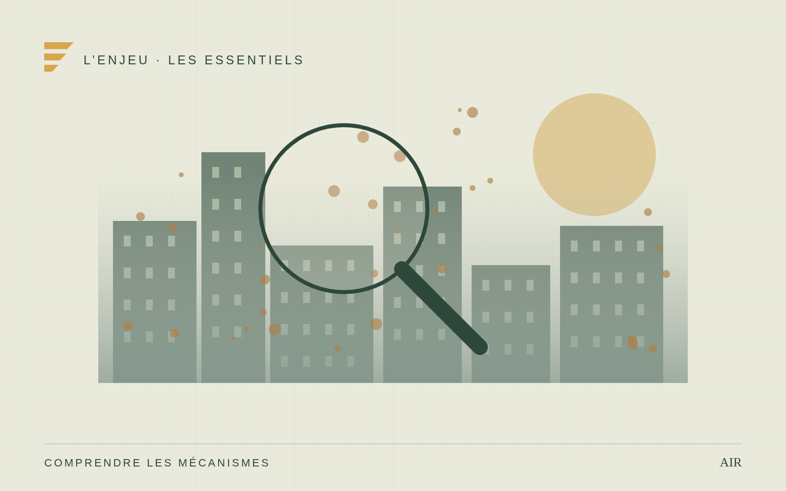 Illustration originale : une loupe, des particules et une ville stylisée, sans lieu réel représenté.