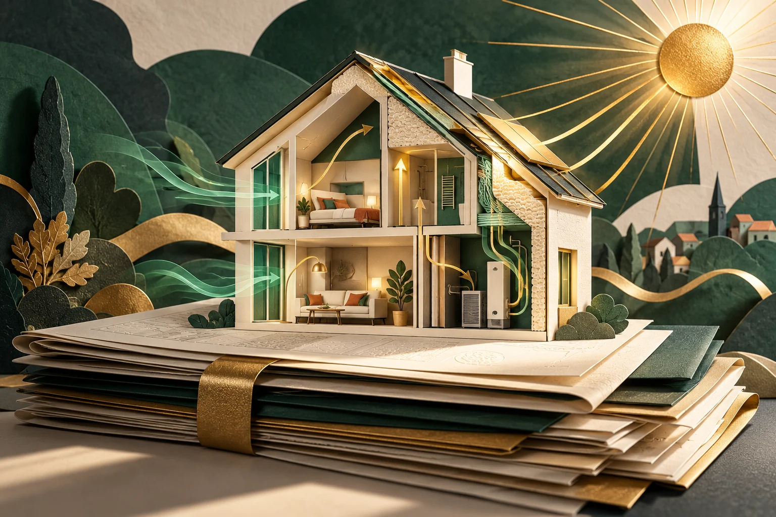 Une maison en coupe sur des documents pliés, avec des flux d’énergie symboliques.