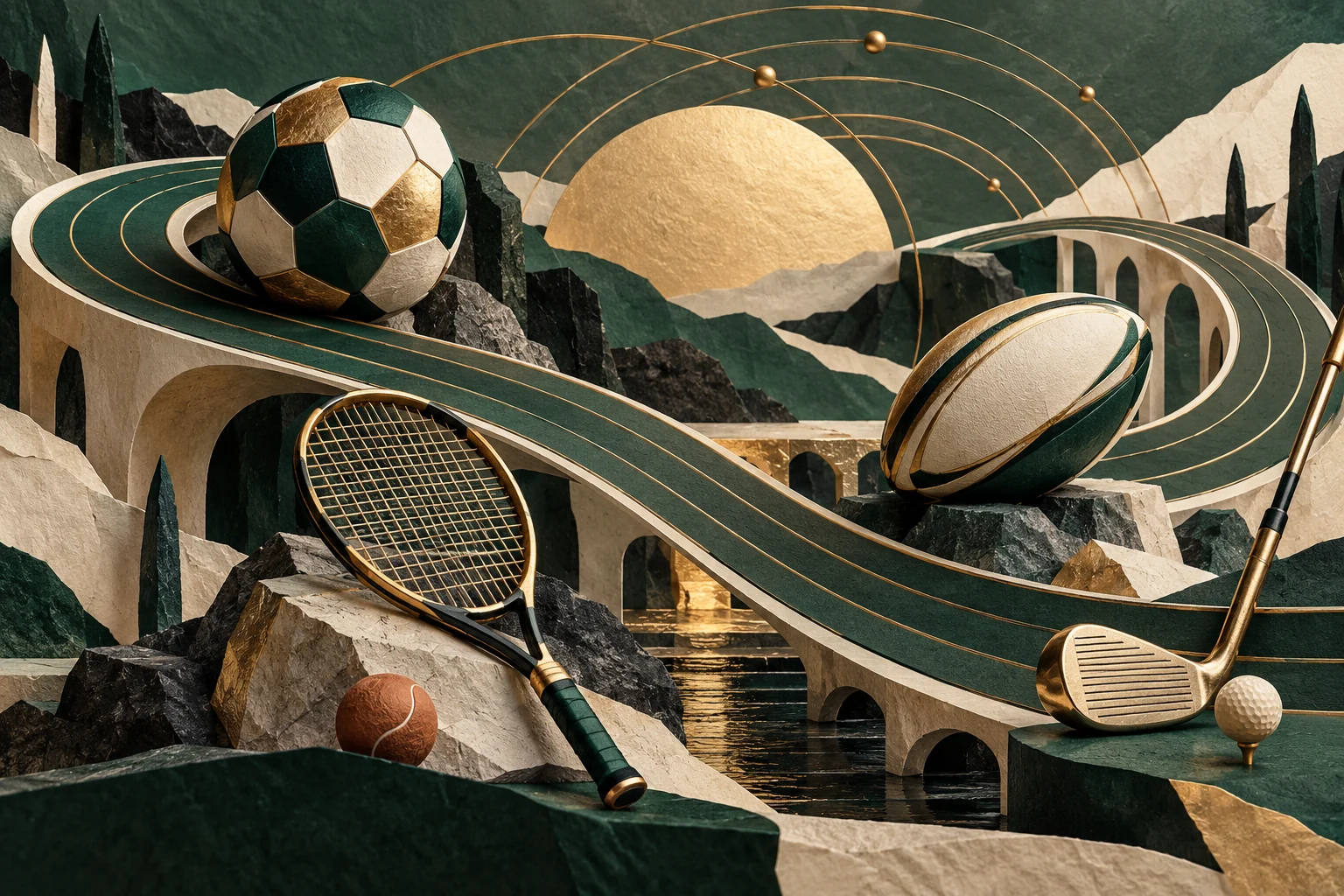 Une piste sculpturale, un ballon, une raquette et des objets sportifs composent un paysage symbolique.