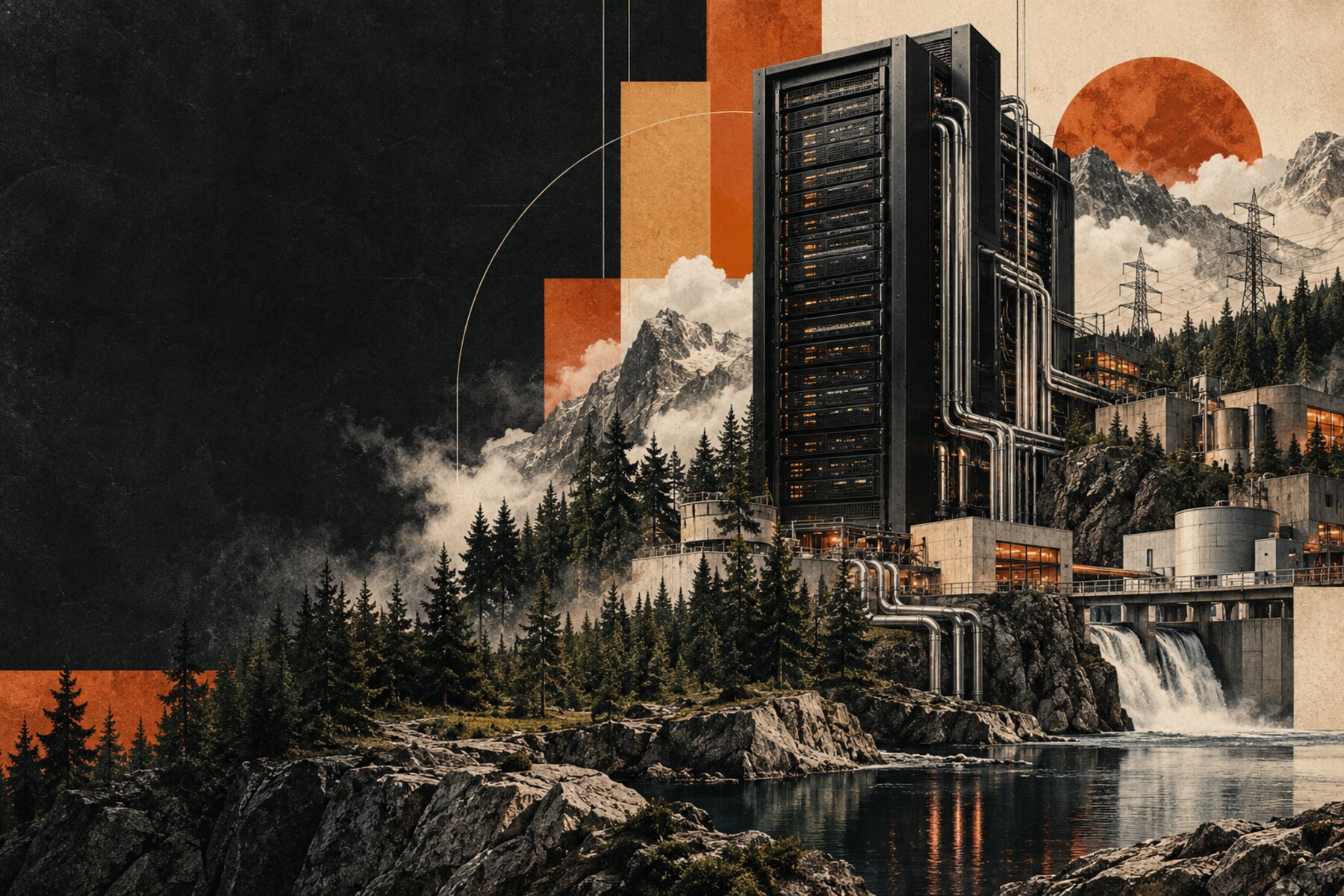 Collage associant une baie de serveurs, une forêt et des infrastructures industrielles