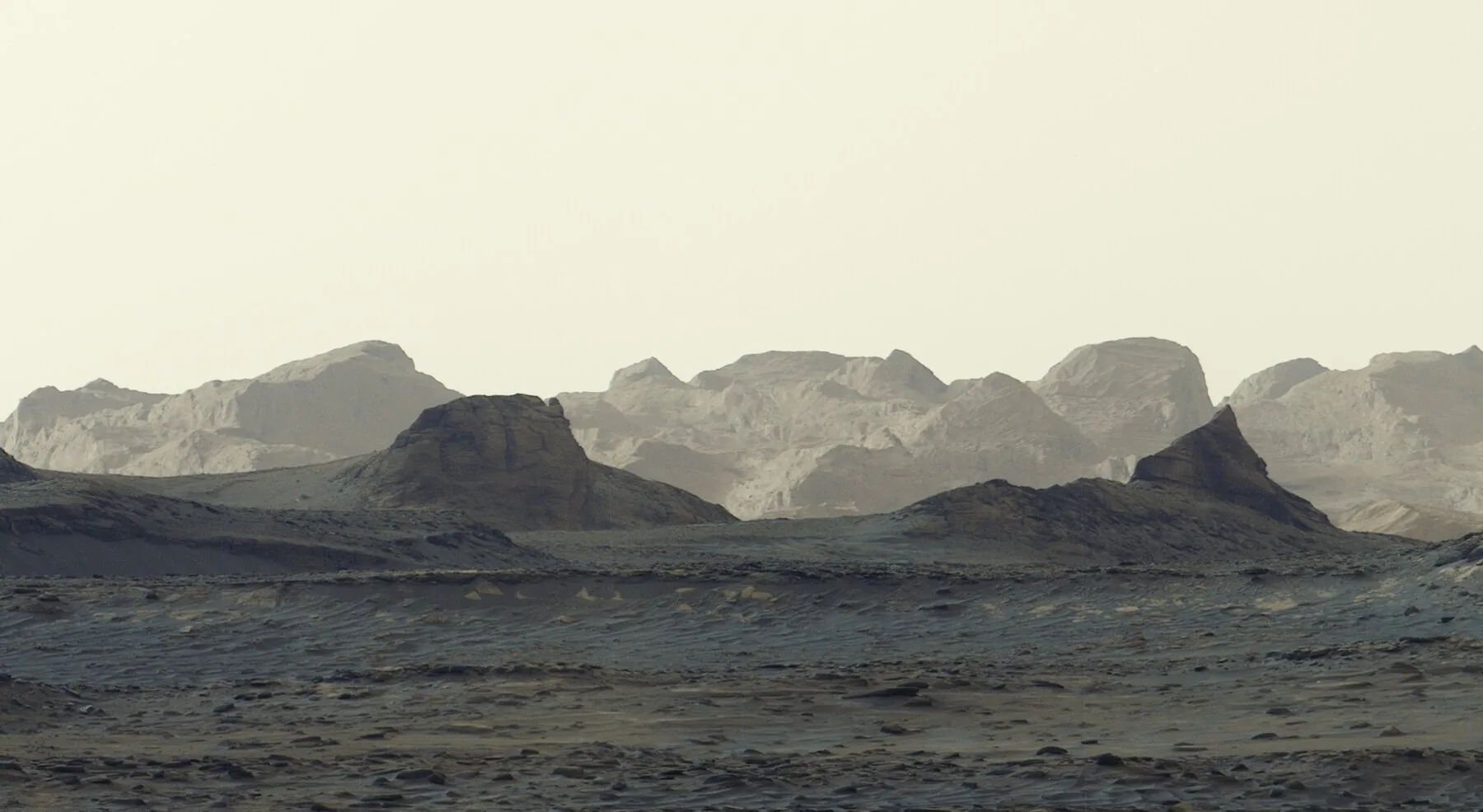 Panorama de Curiosity publié le 6 octobre 2026, composé de six images prises le 11 août. Les reliefs du mont Sharp sont visibles au loin.