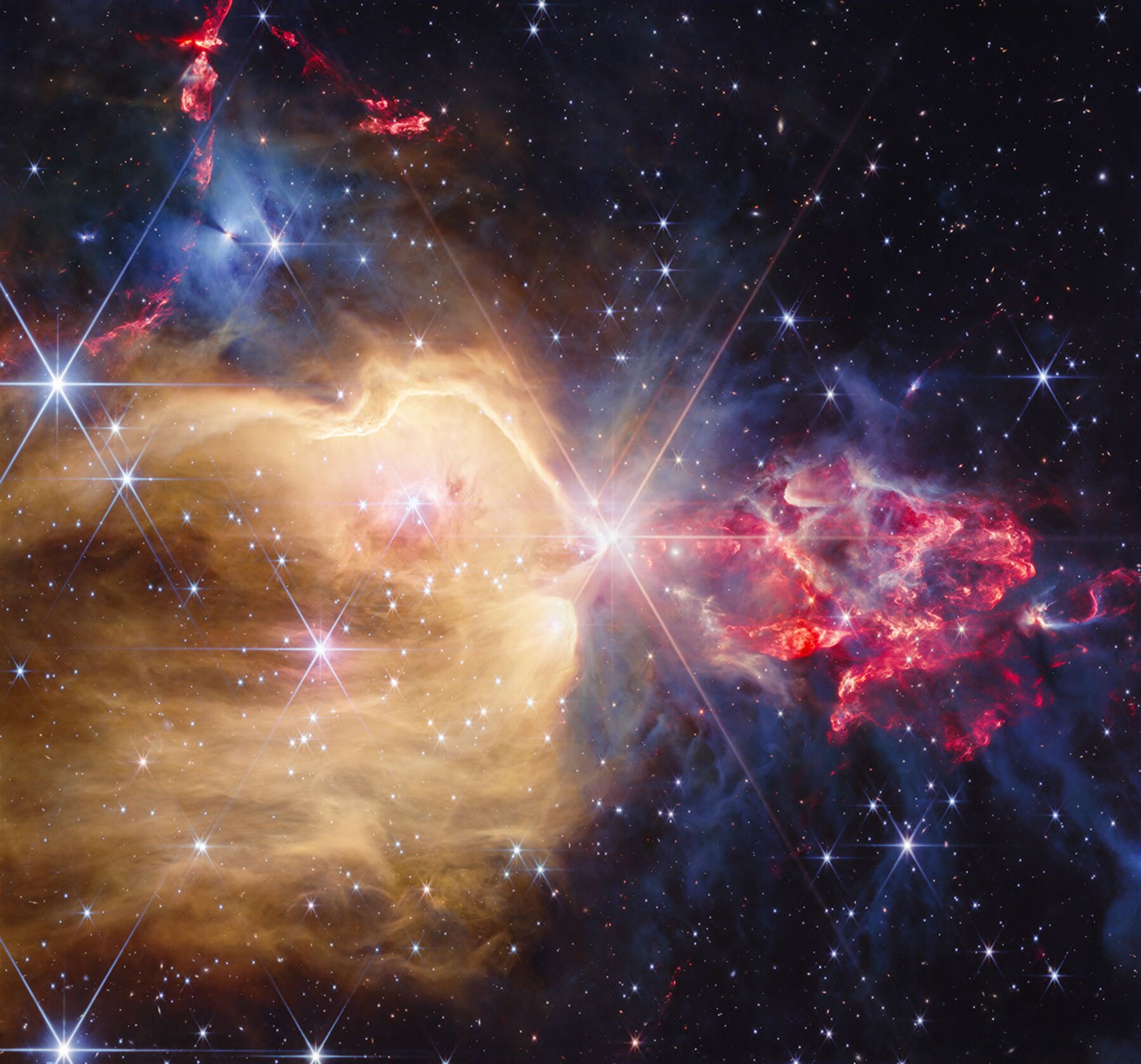 La région NGC 7129 observée par James-Webb dans l’infrarouge. Image scientifique publiée le 6 octobre 2026 ; ses couleurs représentent les données observées.