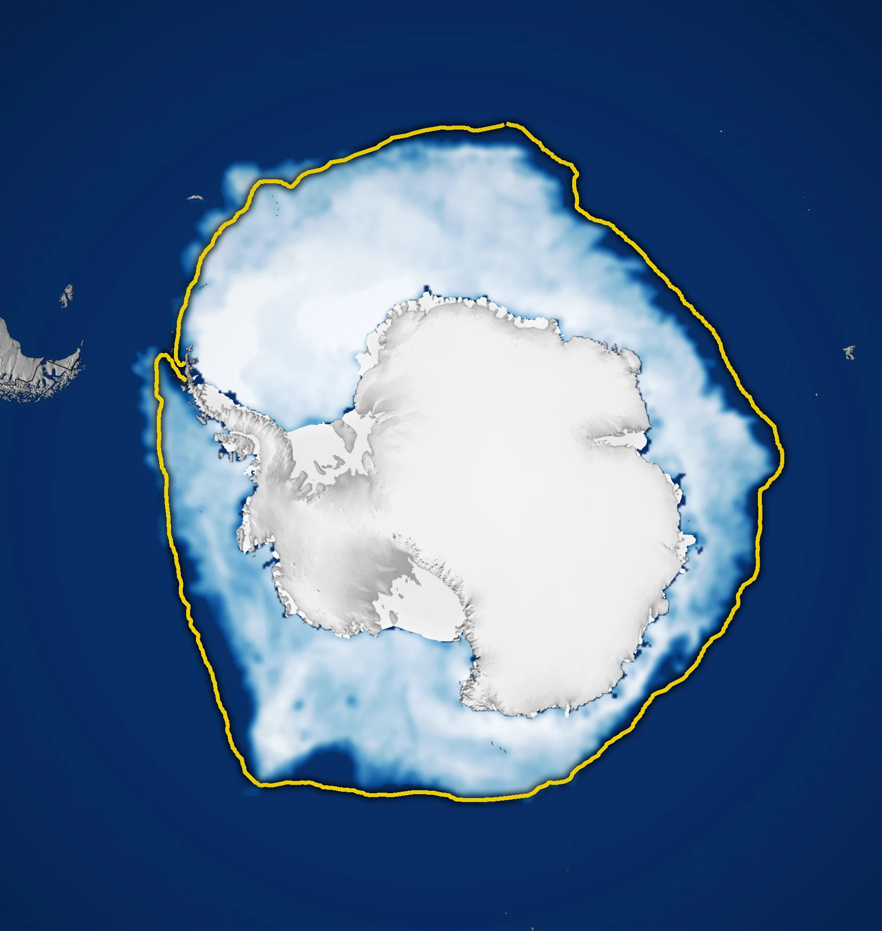 Carte de l’Antarctique entouré de banquise blanche et bleutée ; un contour jaune indique la médiane de référence.