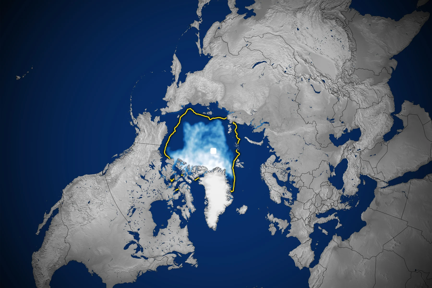 Carte de l’Arctique montrant la banquise du 12 septembre 2026 et une ligne jaune de comparaison.
