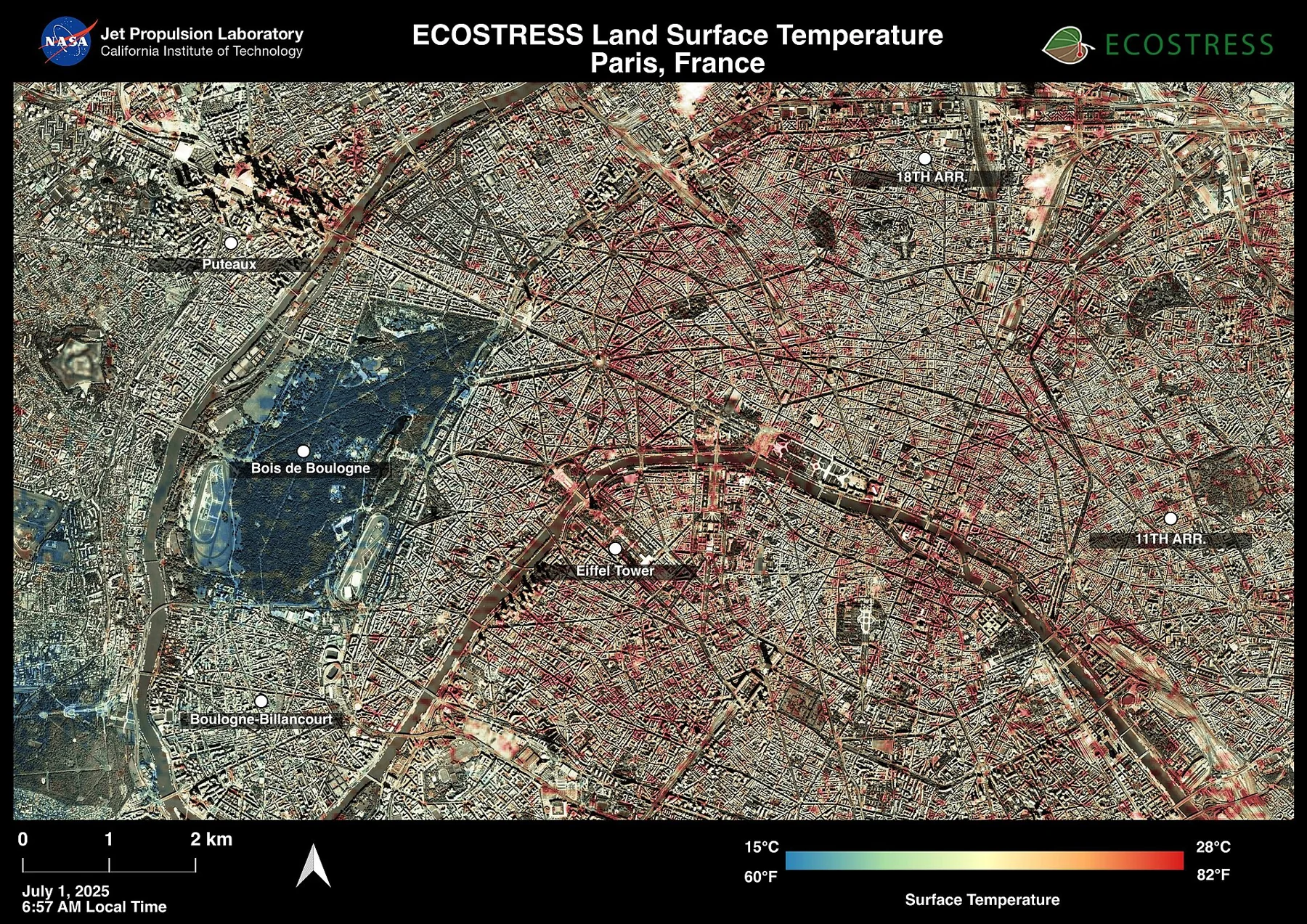 Températures de surface de Paris mesurées par ECOSTRESS le 1er juillet 2025, vers 6 h 57. Le rouge indique les zones plus chaudes. Cette carte ne mesure ni la température de l’air ni l’indice UTCI.