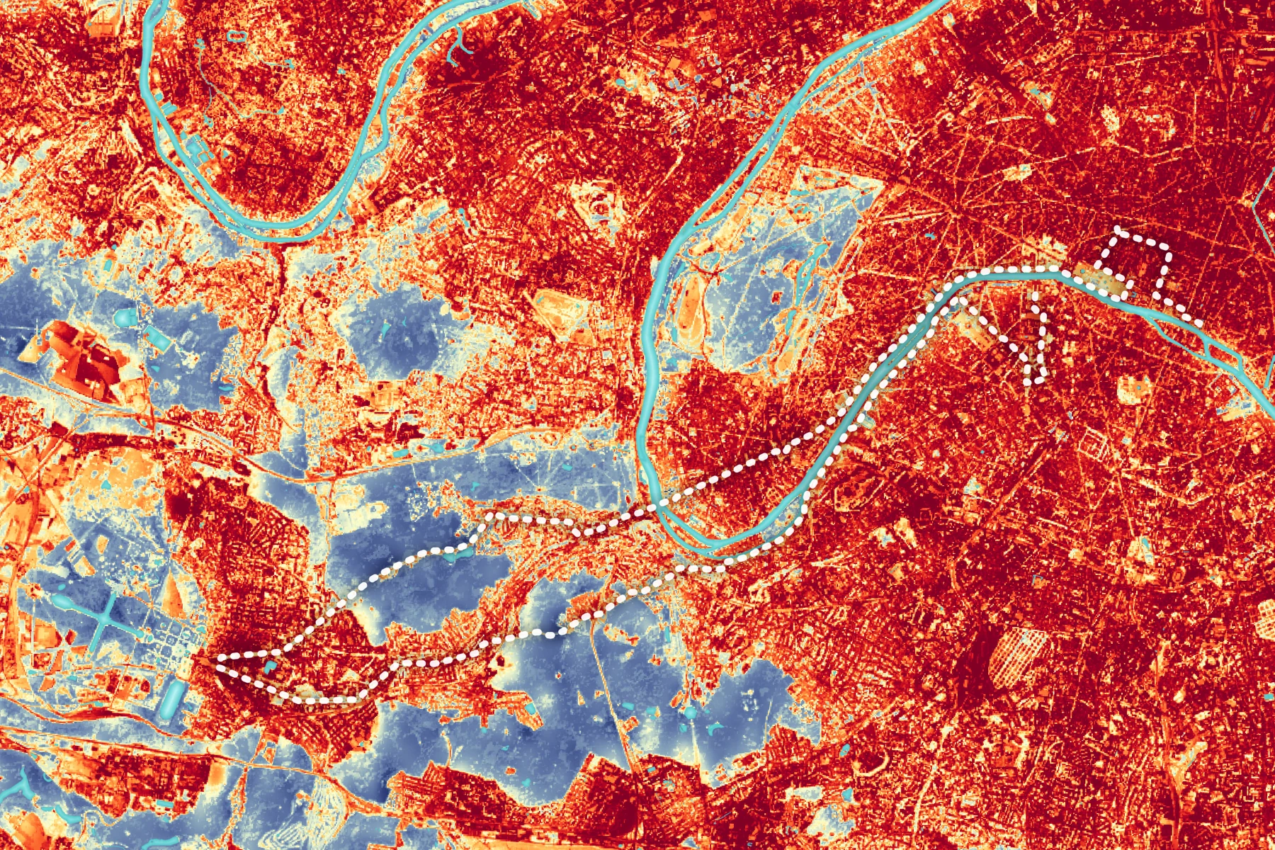 Carte thermique de Paris et de l’ouest parisien : les secteurs bâtis sont rouges, les espaces boisés bleus.