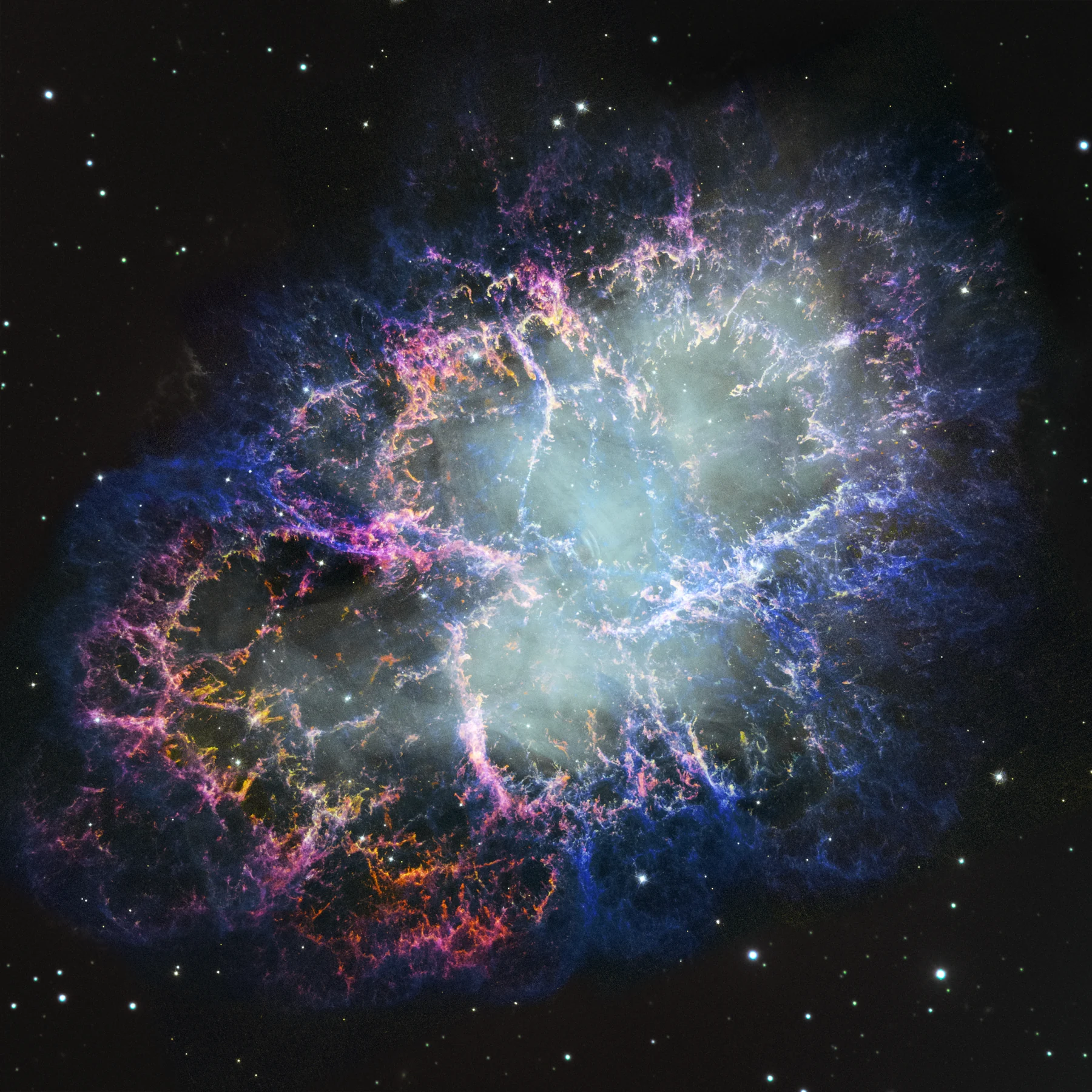 Les filaments de la nébuleuse du Crabe dans les observations Hubble de 1999–2000.