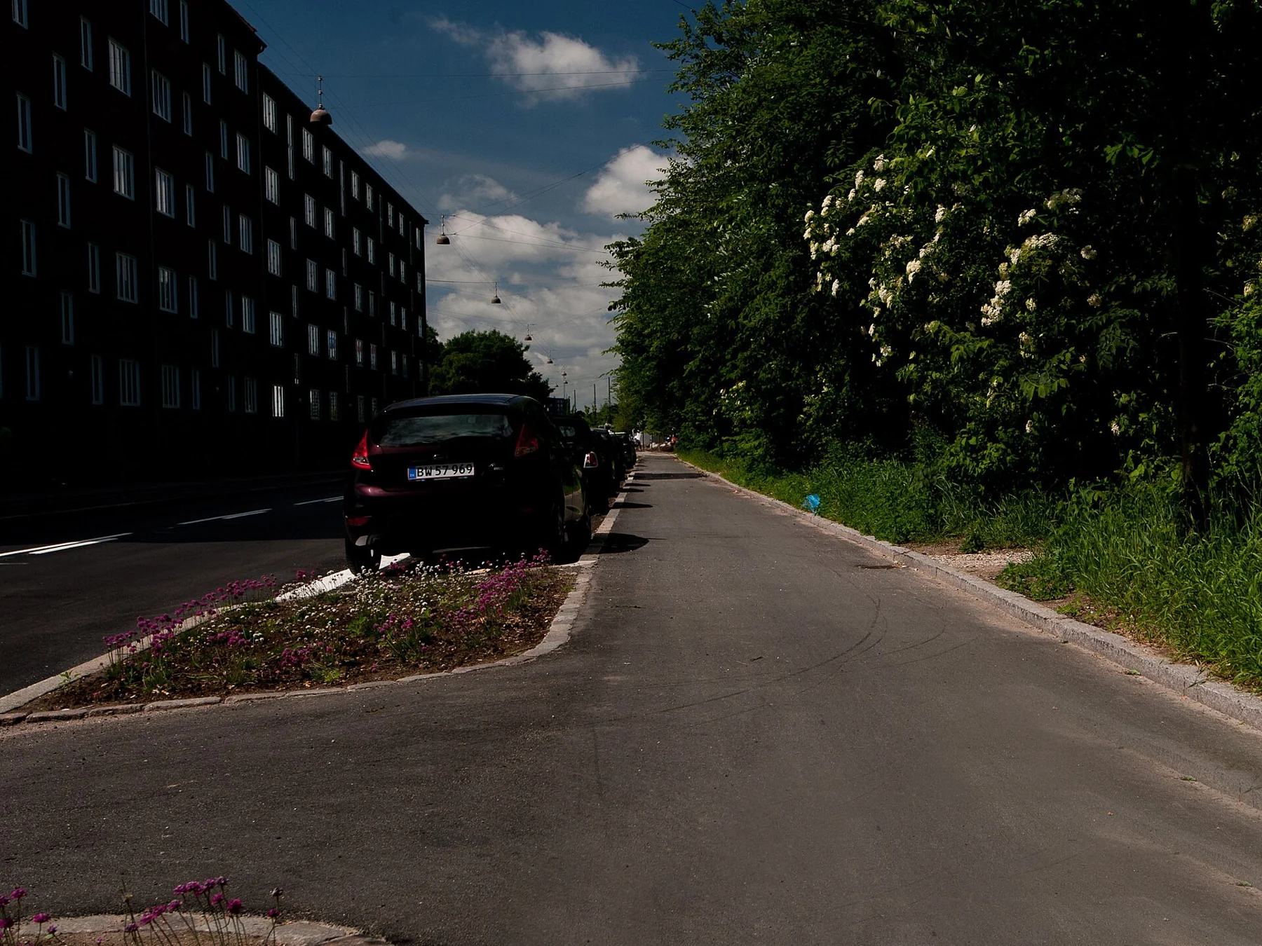 Piste cyclable séparée de la chaussée par des voitures stationnées à Copenhague.